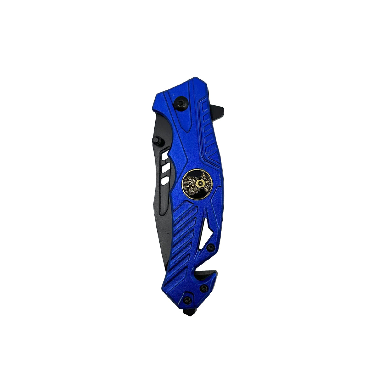 5‑Inch Spring‑Assisted Folding Knife – compact rescue-style folding knife featuring a 3.75″ black stainless steel blade, spring-assisted one-hand opening, ABS handle with seatbelt cutter and glass breaker, and a pocket clip for secure everyday carry, in white background.