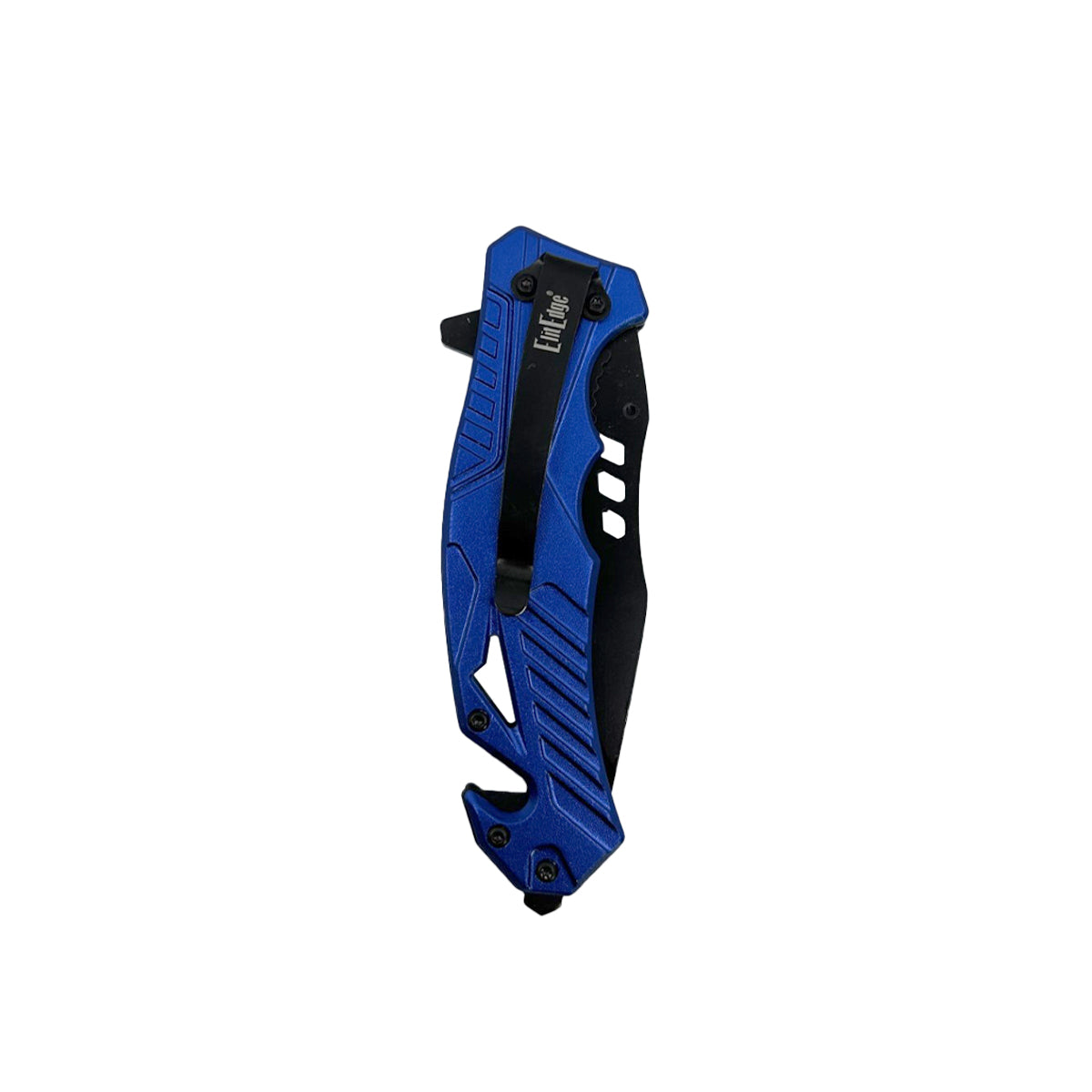 5‑Inch Spring‑Assisted Folding Knife – compact rescue-style folding knife featuring a 3.75″ black stainless steel blade, spring-assisted one-hand opening, ABS handle with seatbelt cutter and glass breaker, and a pocket clip for secure everyday carry, in white background.