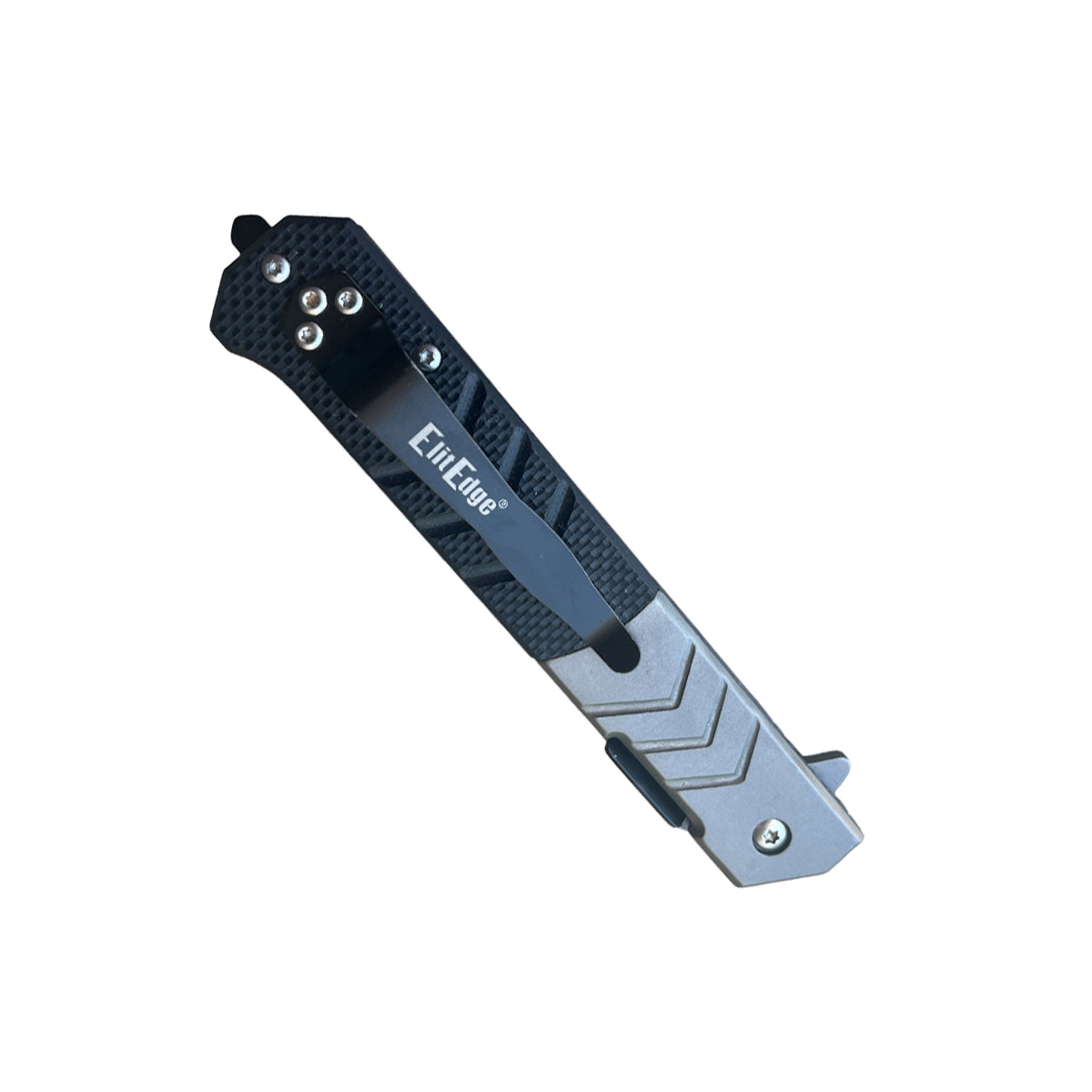 5″ Spring-Assisted Folding Knife with Straight-Back Blade – reliable one-handed opening knife featuring a 4″ straight-back stainless steel blade, spring-assisted mechanism, liner lock, stainless steel handle with black G10 overlays, and a pocket clip—ideal for everyday carry and tactical use, in white background.