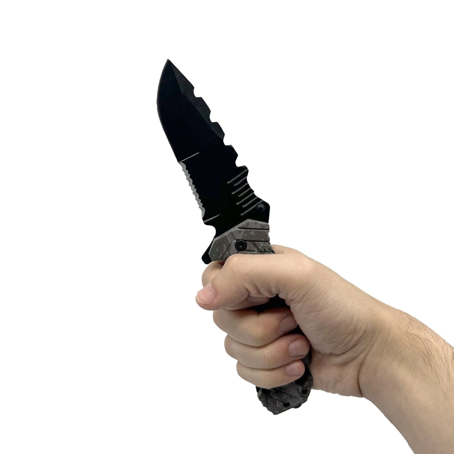 Someone holding 5″ Spring Assisted Folding Knife with Camo Nylon Fiber Handle – durable tactical knife featuring a sharp stainless steel blade, spring-assisted opening mechanism, and a rugged camo-patterned nylon fiber handle, equipped with a belt clip for secure everyday carry, in white background.