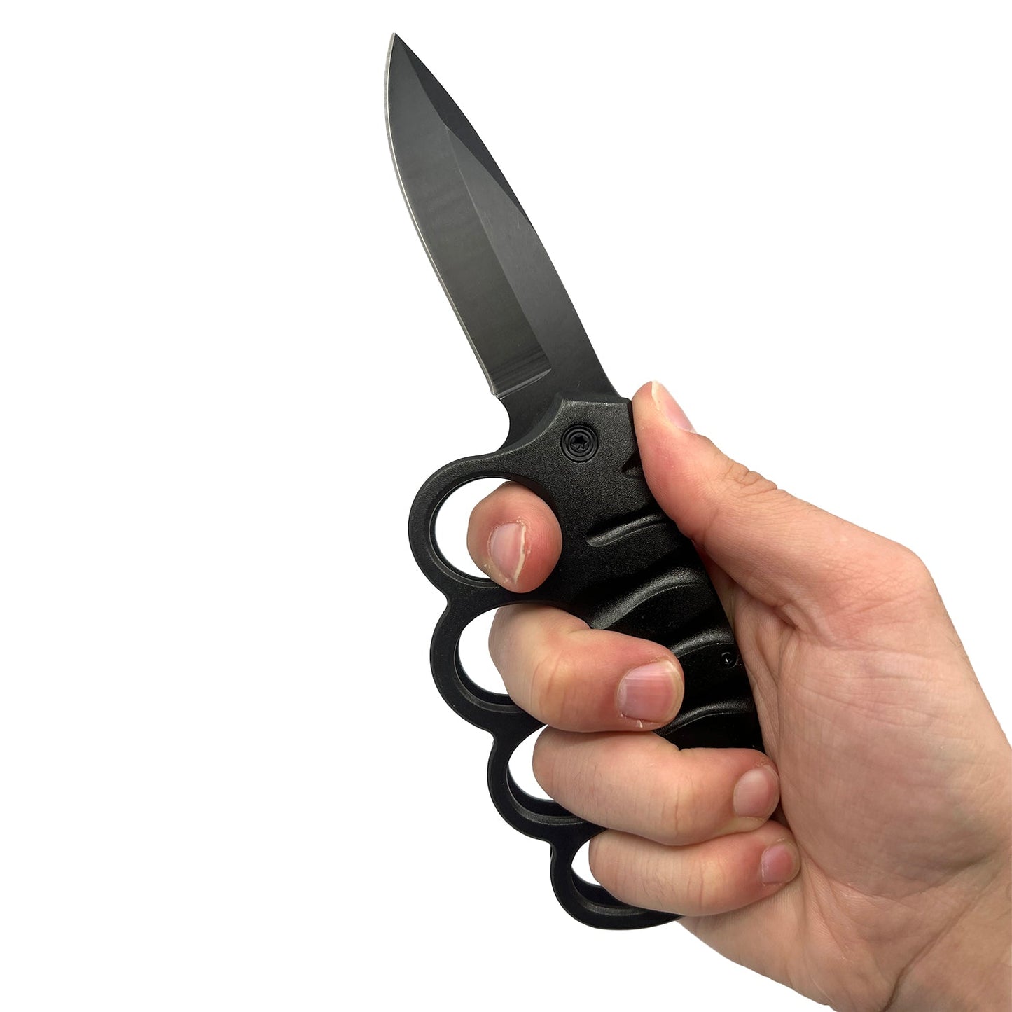 Someone holding 5″ Spring Assisted Knuckle Knife – folding knife with a 3.5″ 420C stainless steel blade, spring-assisted opening, black aluminum knuckle-guard handle, and pocket clip; measures 5″ closed and 8.5″ overall, in white background.
