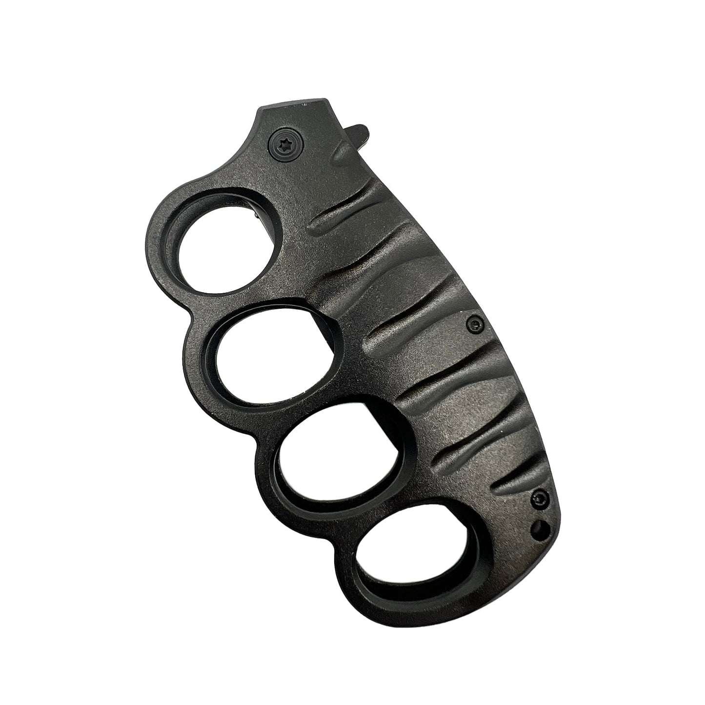 5″ Spring Assisted Knuckle Knife – folding knife with a 3.5″ 420C stainless steel blade, spring-assisted opening, black aluminum knuckle-guard handle, and pocket clip; measures 5″ closed and 8.5″ overall, in white background.