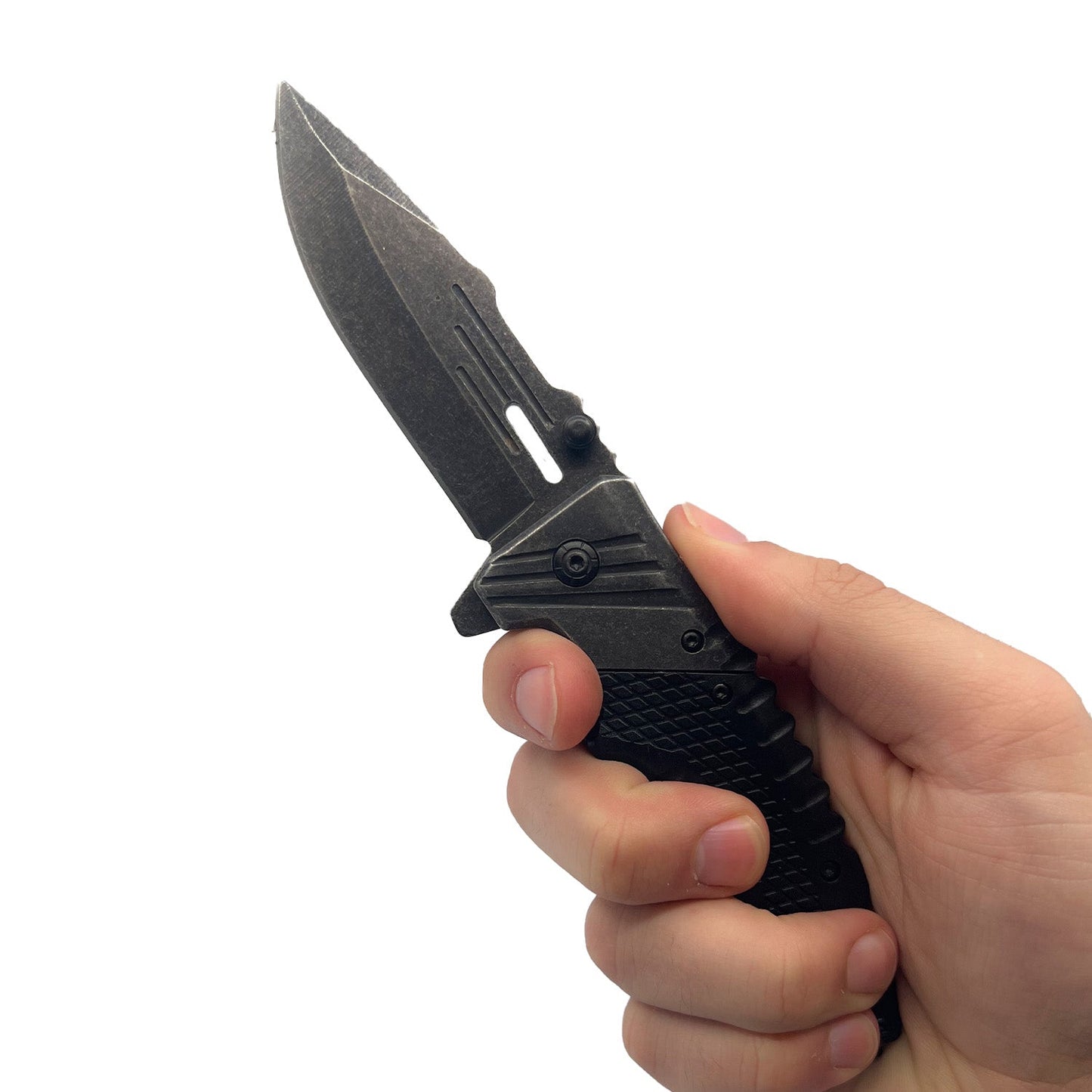 Someone holding 7.10‑Inch Stonewashed Spring‑Assisted Knife – robust spring‑assist folding knife featuring a 3.5” 1065 German surgical steel drop‑point blade, ergonomic ABS handle with stonewashed finish, plus belt clip, window breaker, and seat belt cutter, in white background.