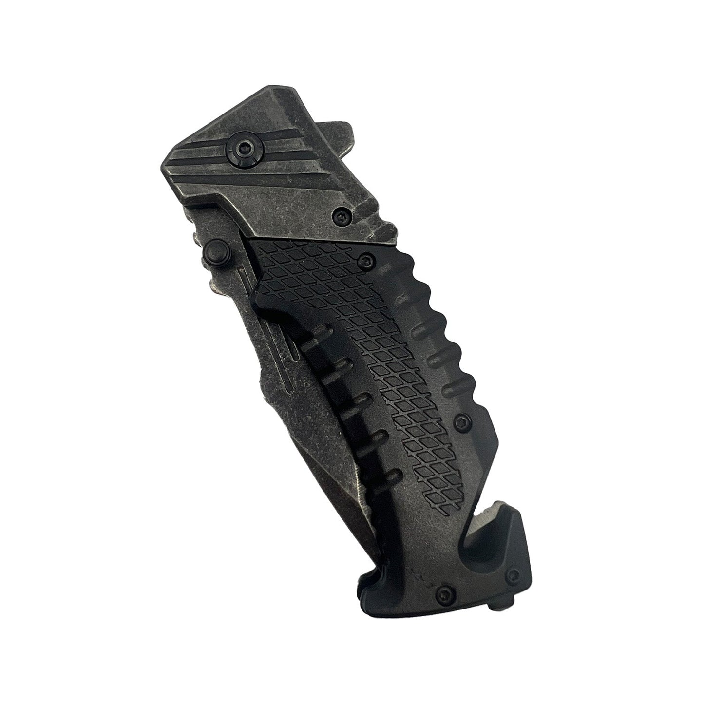 7.10‑Inch Stonewashed Spring‑Assisted Knife – robust spring‑assist folding knife featuring a 3.5” 1065 German surgical steel drop‑point blade, ergonomic ABS handle with stonewashed finish, plus belt clip, window breaker, and seat belt cutter, in white background.