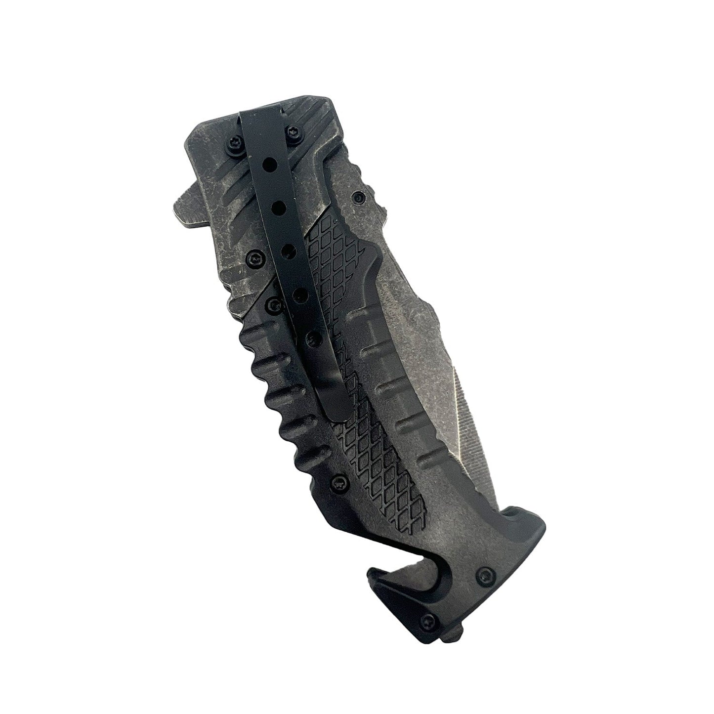 7.10‑Inch Stonewashed Spring‑Assisted Knife – robust spring‑assist folding knife featuring a 3.5” 1065 German surgical steel drop‑point blade, ergonomic ABS handle with stonewashed finish, plus belt clip, window breaker, and seat belt cutter, in white background.