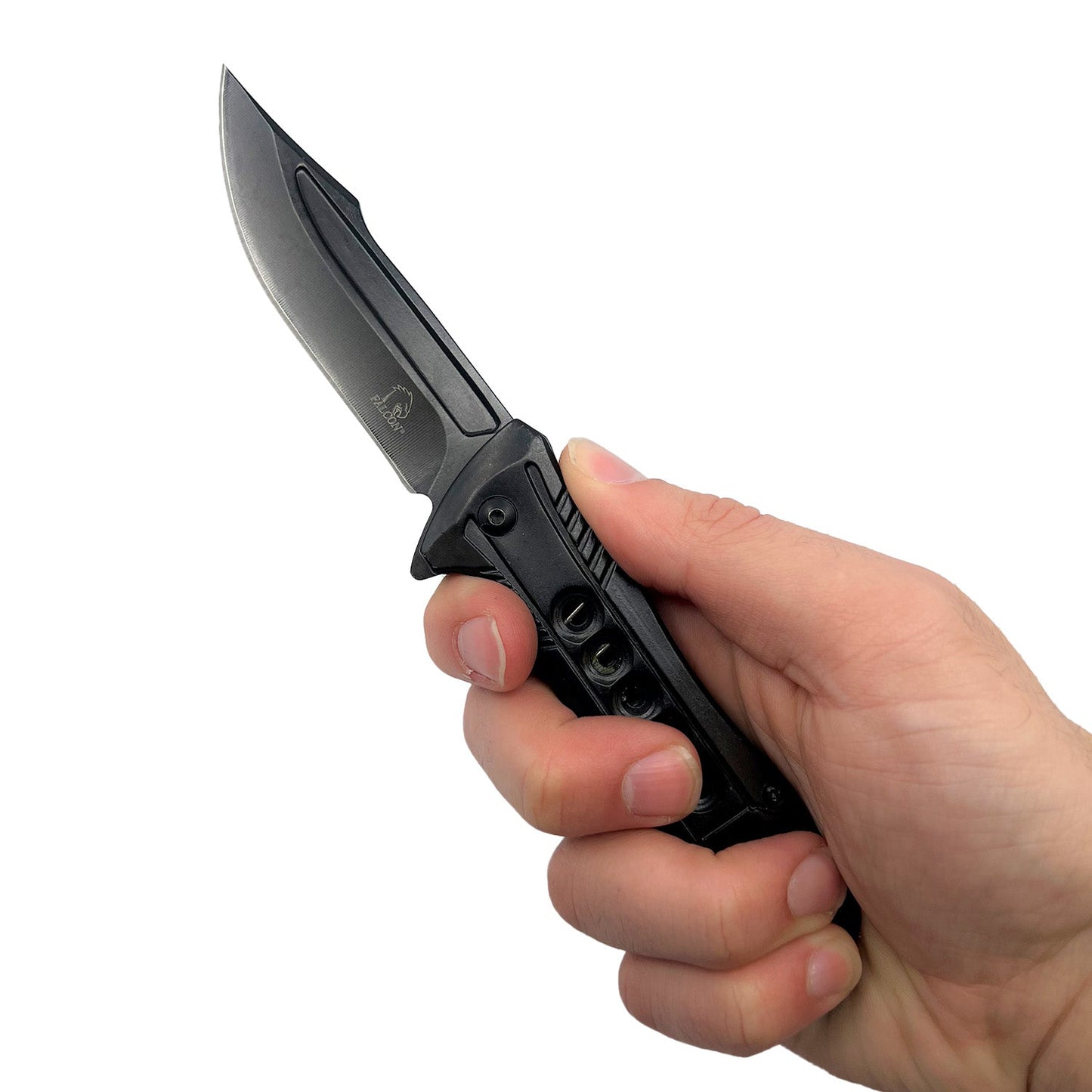 Someone holding 7.75″ Semi-Automatic Spring Assisted Knife – folding knife featuring a semi-automatic spring-assisted opening mechanism, stainless steel blade, and aluminum handle with ergonomic design for smooth everyday use, in white background.