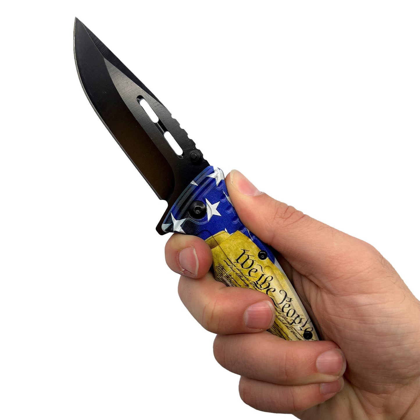 Someone holding 7.75″ Spring Assisted Folding Knife – durable folding knife with a spring‑assisted blade and liner lock, featuring aluminum handle construction and pocket clip for everyday tactical use, in white background.