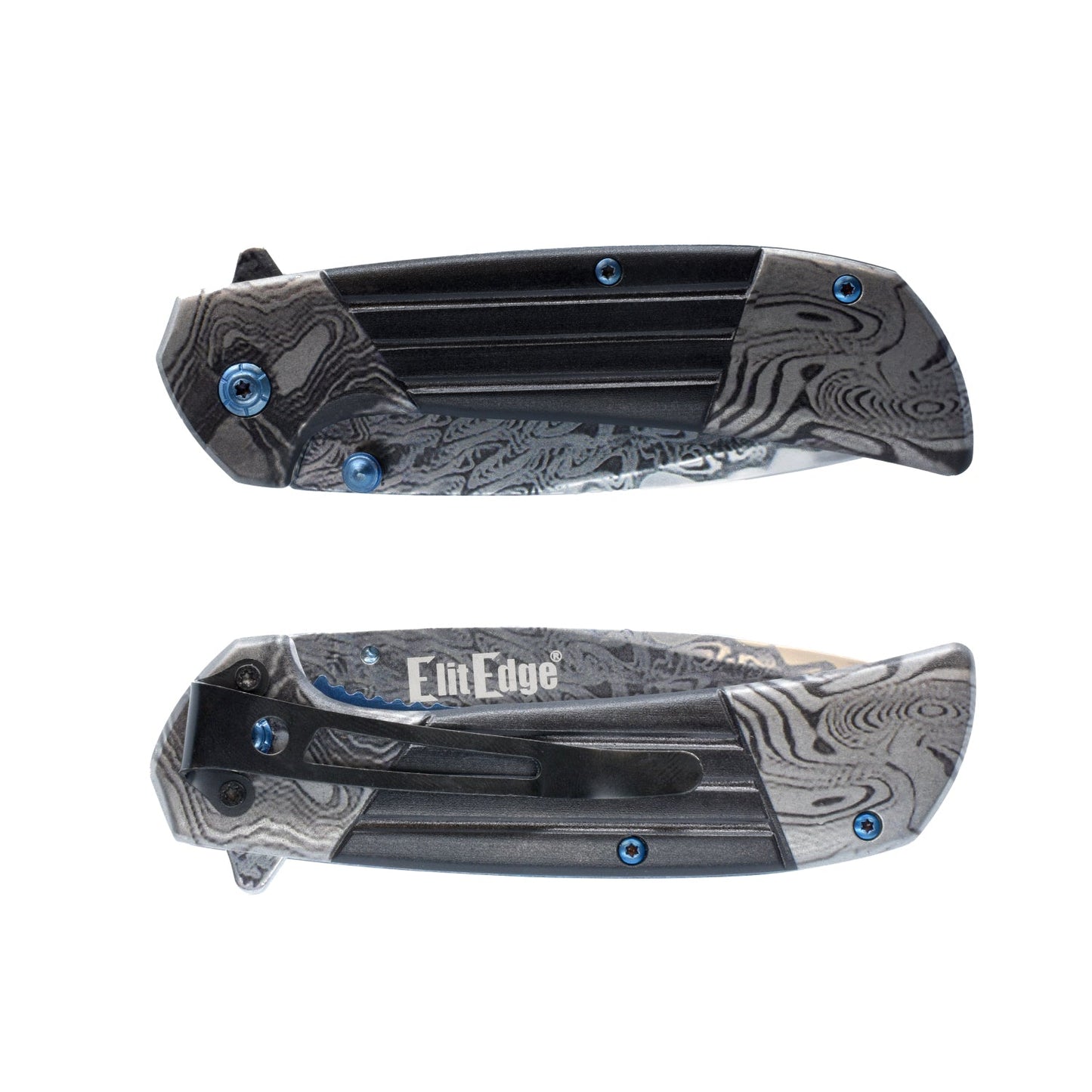 7.75-Inch Titanium & Damascus Folding Knife – classic-style folding knife featuring a 3.5" 420C stainless steel blade, spring-assisted one-hand opening, liner lock, and handy belt clip for everyday carry, in white background.