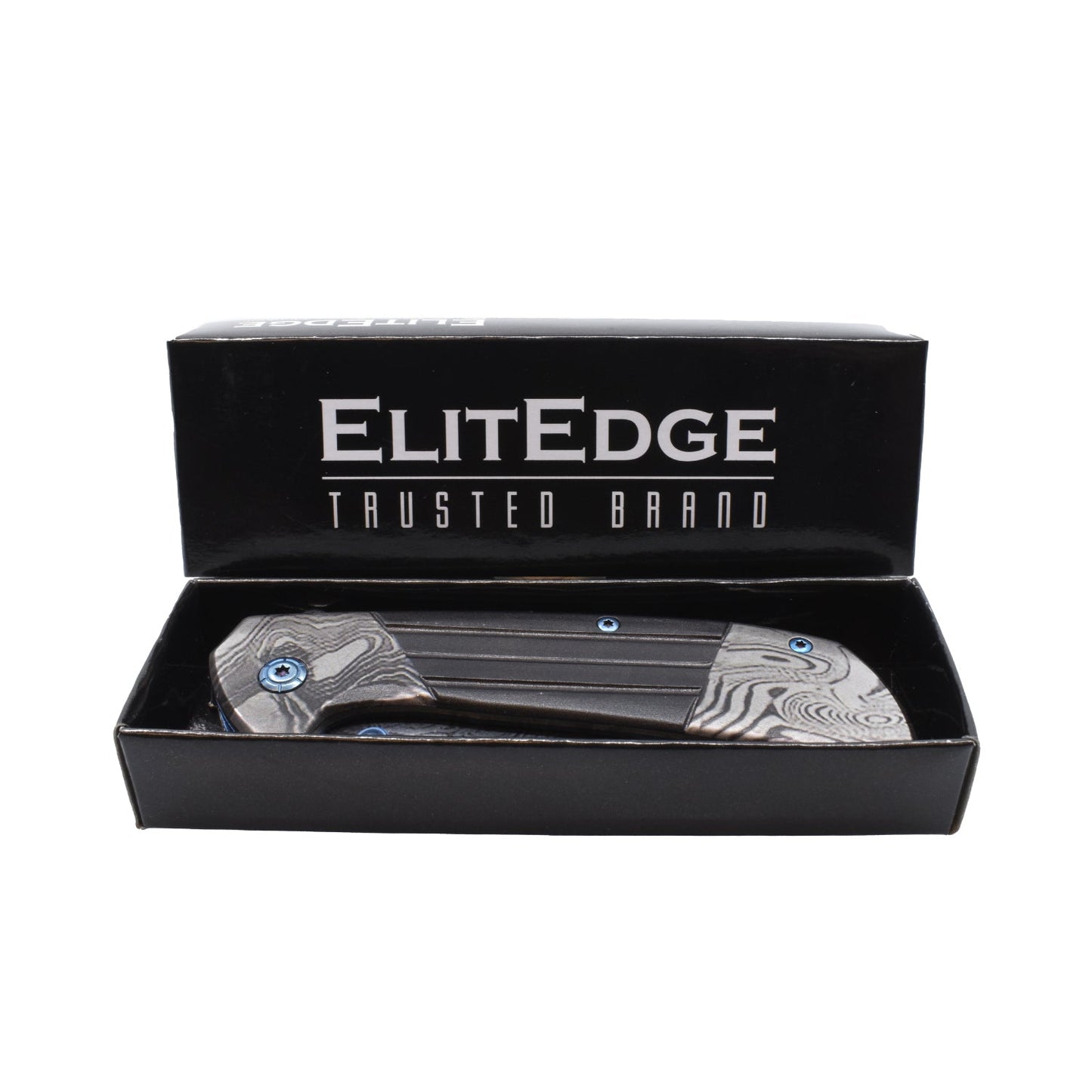 7.75-Inch Titanium & Damascus Folding Knife – classic-style folding knife featuring a 3.5" 420C stainless steel blade, spring-assisted one-hand opening, liner lock, and handy belt clip for everyday carry, inside product box, in white background.