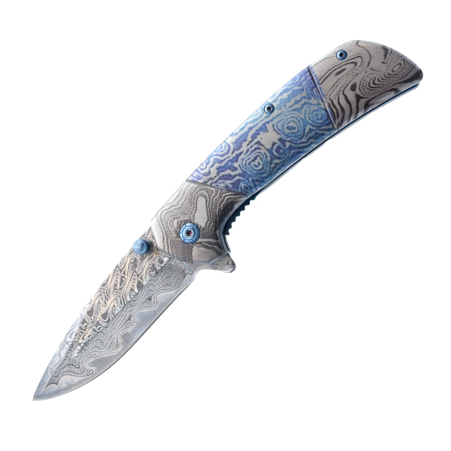 7.75-Inch Titanium & Damascus Folding Knife – classic-style folding knife featuring a 3.5" 420C stainless steel blade, spring-assisted one-hand opening, liner lock, and handy belt clip for everyday carry, in white background.