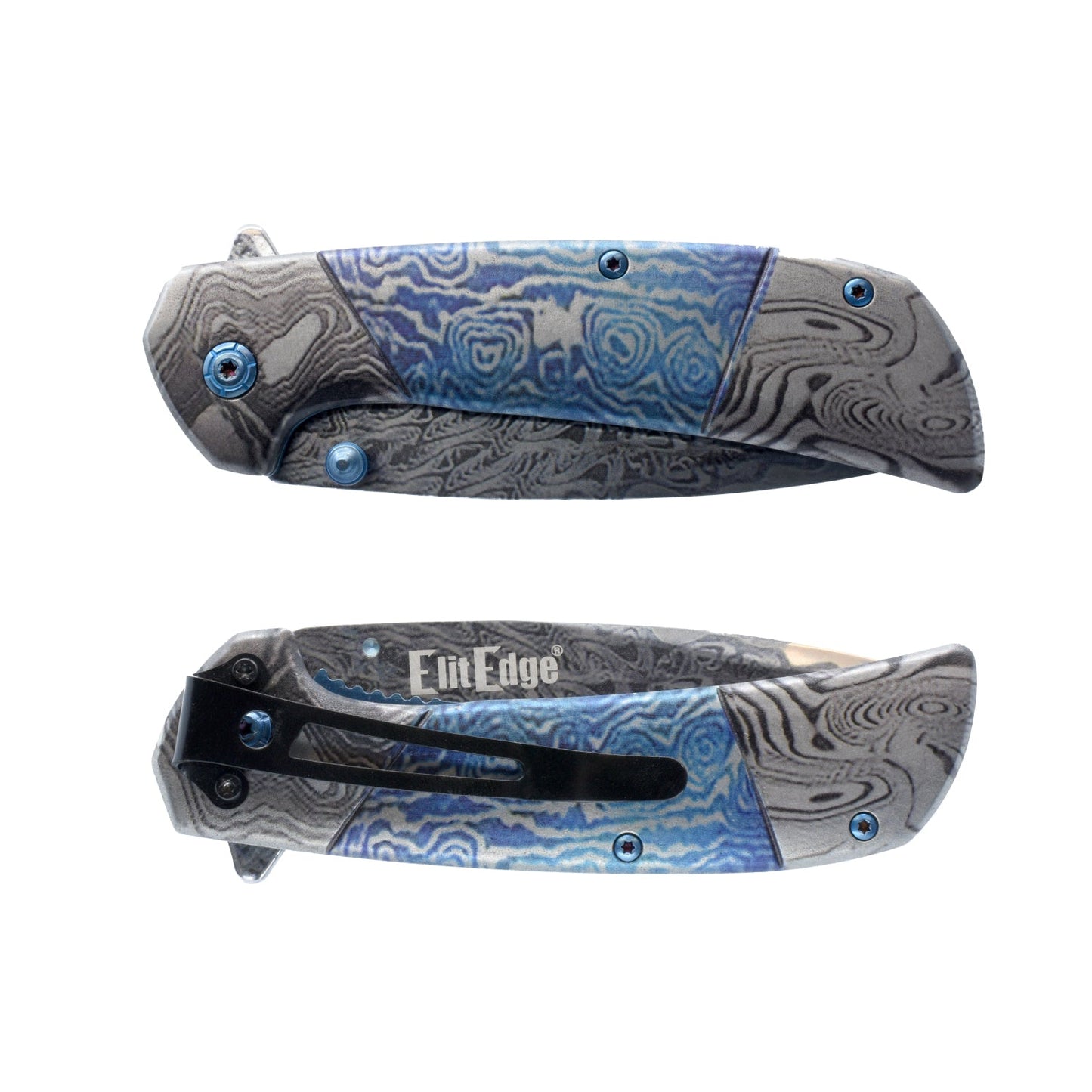 7.75-Inch Titanium & Damascus Folding Knife – classic-style folding knife featuring a 3.5" 420C stainless steel blade, spring-assisted one-hand opening, liner lock, and handy belt clip for everyday carry, in white background.