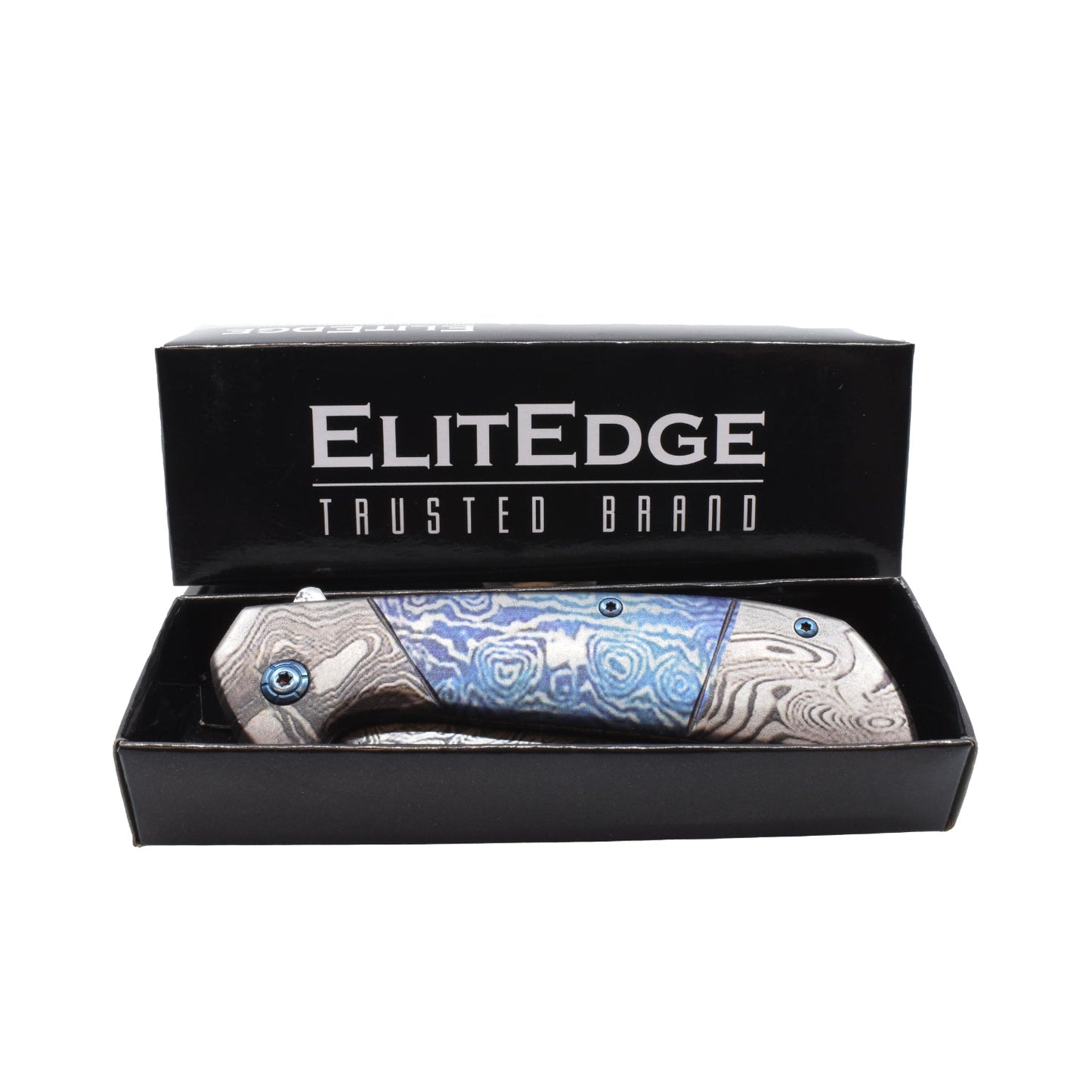 7.75-Inch Titanium & Damascus Folding Knife – classic-style folding knife featuring a 3.5" 420C stainless steel blade, spring-assisted one-hand opening, liner lock, and handy belt clip for everyday carry, in white background.