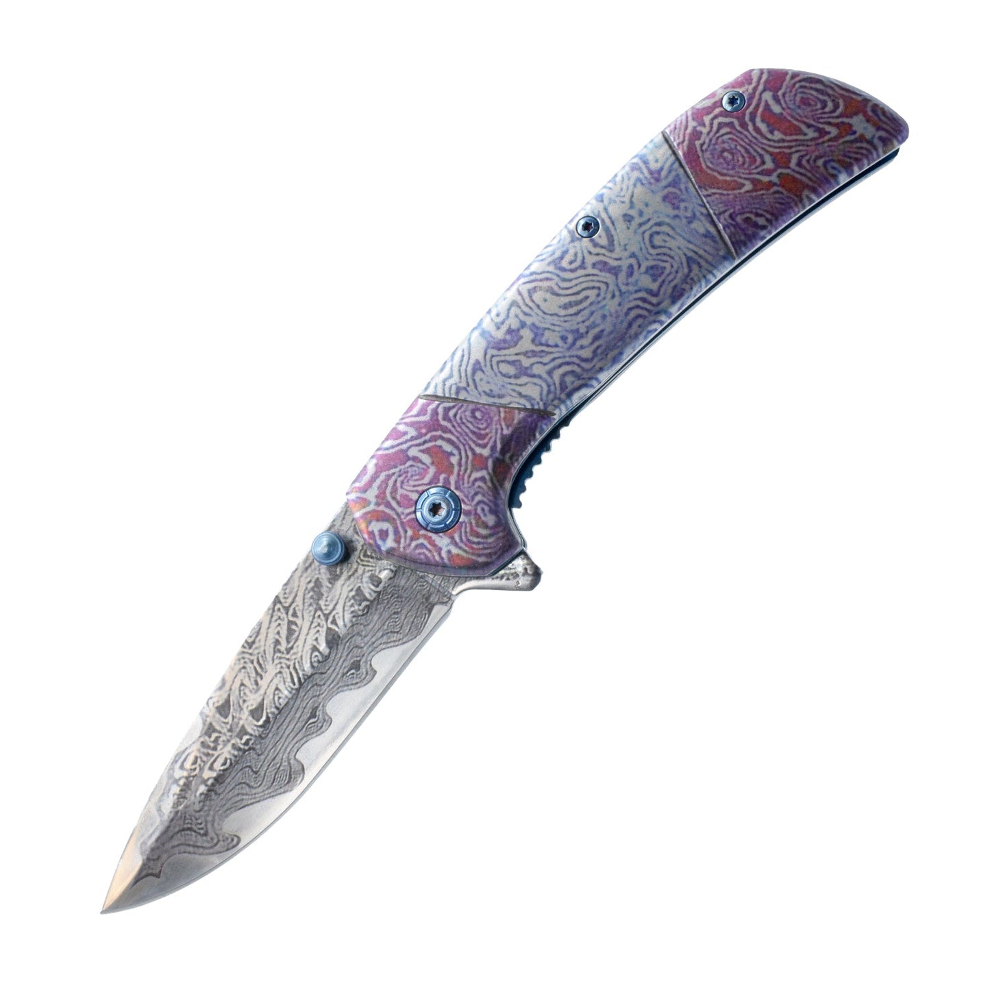 7.75-Inch Titanium & Damascus Folding Knife – classic-style folding knife featuring a 3.5" 420C stainless steel blade, spring-assisted one-hand opening, liner lock, and handy belt clip for everyday carry, in white background.