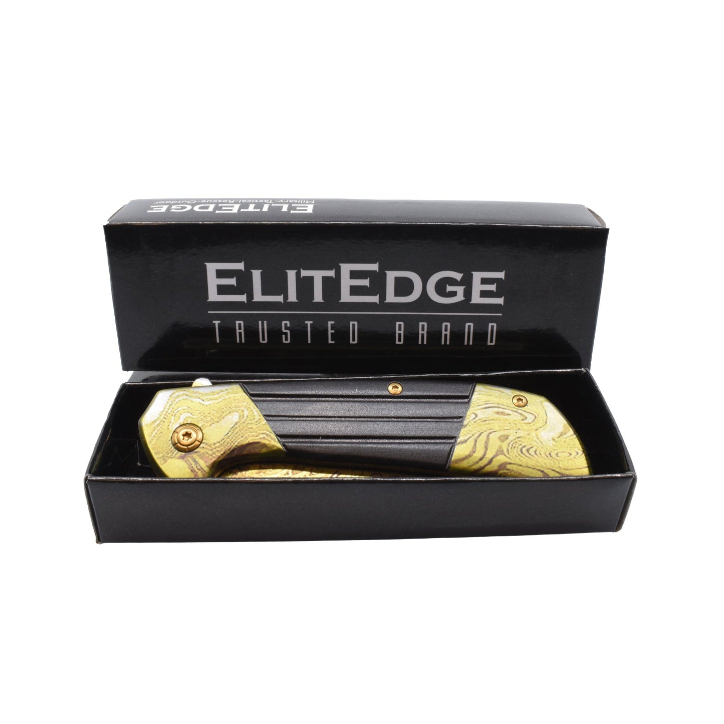 7.75-Inch Titanium & Damascus Folding Knife – classic-style folding knife featuring a 3.5" 420C stainless steel blade, spring-assisted one-hand opening, liner lock, and handy belt clip for everyday carry, inside product box, in white background.