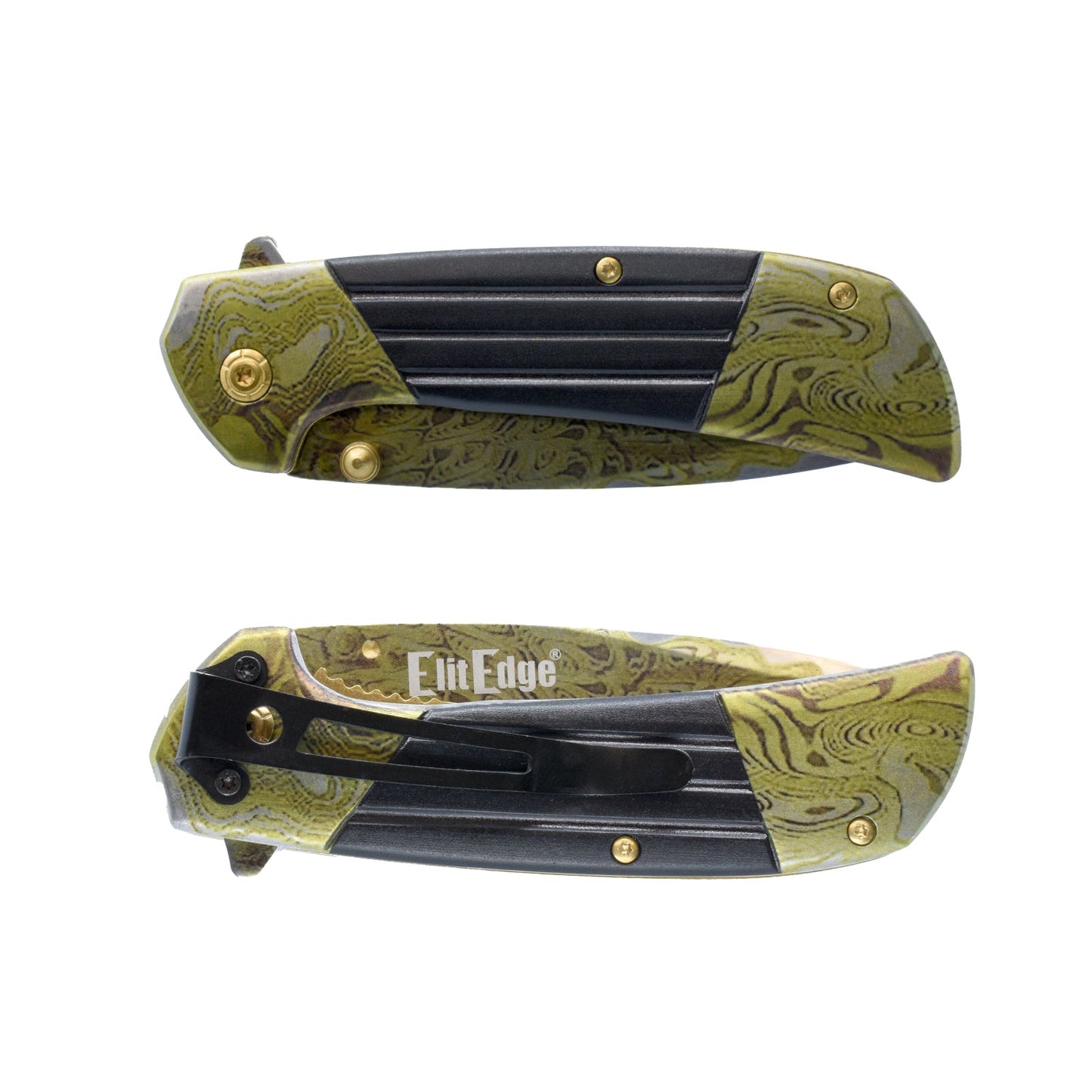 7.75-Inch Titanium & Damascus Folding Knife – classic-style folding knife featuring a 3.5" 420C stainless steel blade, spring-assisted one-hand opening, liner lock, and handy belt clip for everyday carry, in white background.