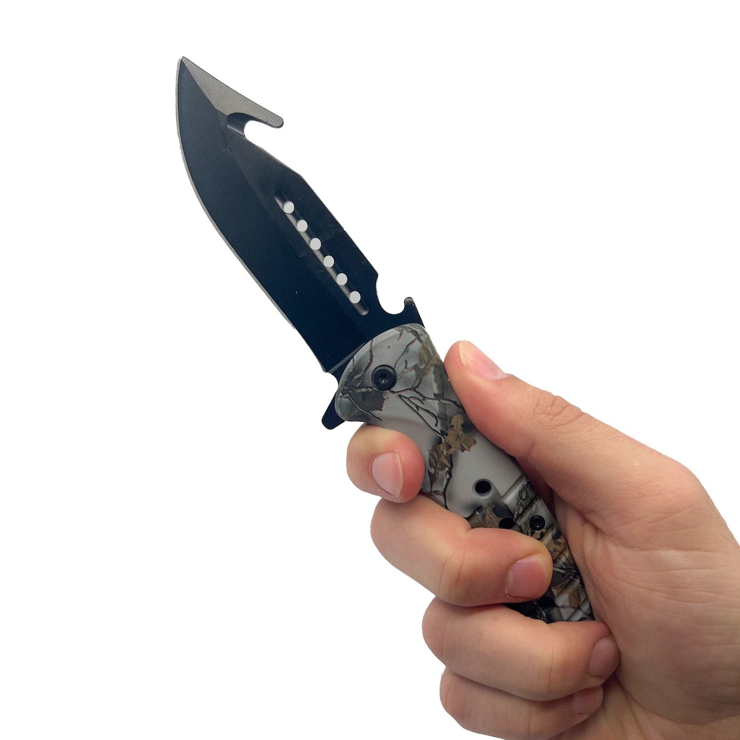 Someone holding 8.75″ Camo Spring-Assisted Folding Knife – durable spring-assisted pocket knife featuring a 3.75″ stainless steel blade, injection-molded ABS handle with camo finish, liner lock, finger flipper, glass breaker/bottle opener, and belt clip, in white background.