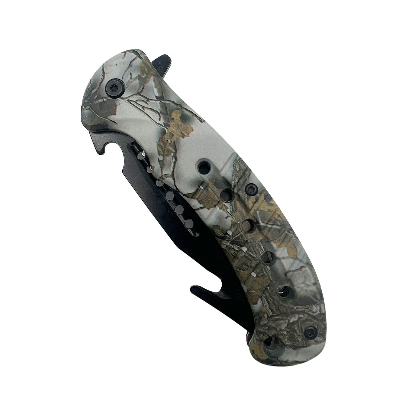 8.75″ Camo Spring-Assisted Folding Knife – durable spring-assisted pocket knife featuring a 3.75″ stainless steel blade, injection-molded ABS handle with camo finish, liner lock, finger flipper, glass breaker/bottle opener, and belt clip, in white background.