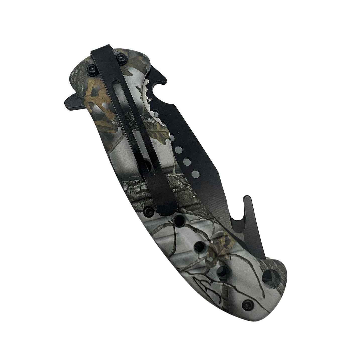 8.75″ Camo Spring-Assisted Folding Knife – durable spring-assisted pocket knife featuring a 3.75″ stainless steel blade, injection-molded ABS handle with camo finish, liner lock, finger flipper, glass breaker/bottle opener, and belt clip, in white background.