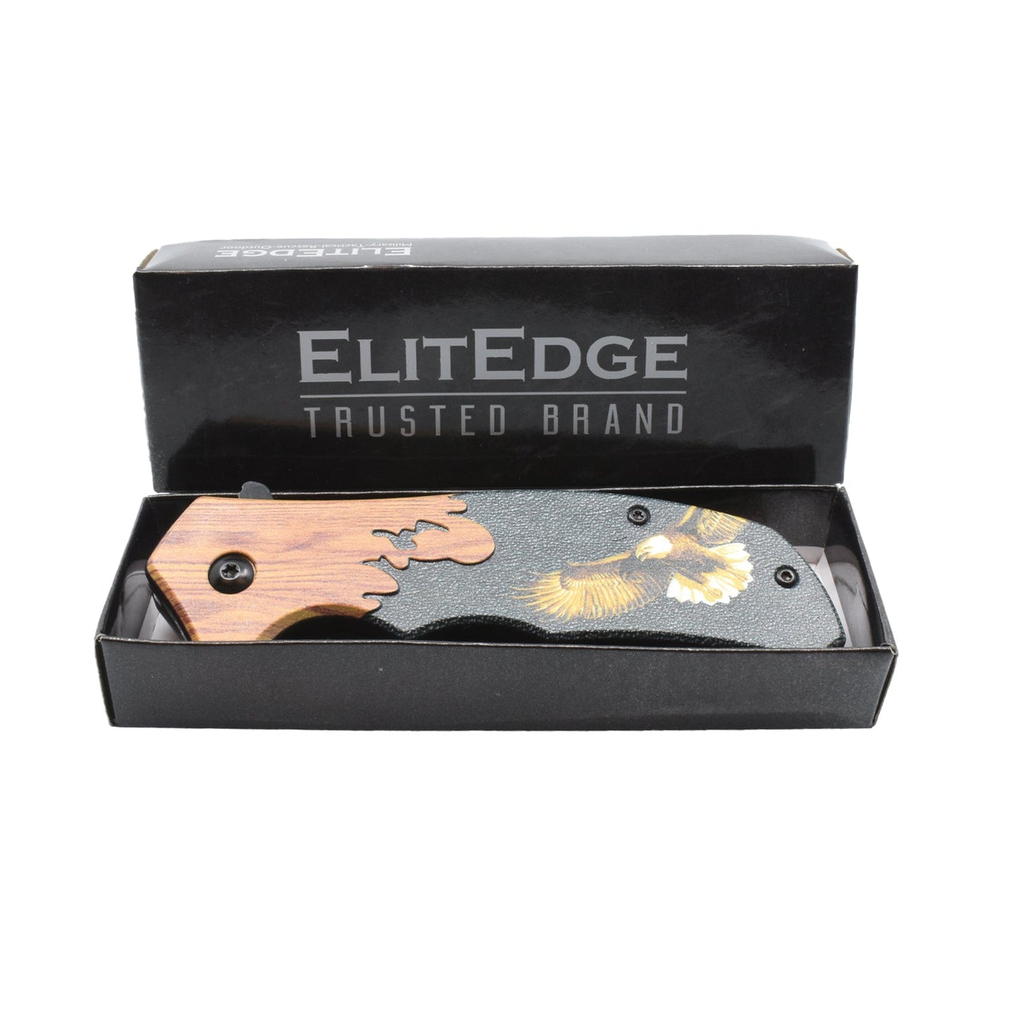 8-Inch Wildlife Folding Knife – classic spring-assisted folding knife featuring a 3.25" 420C stainless steel blade and wildlife-themed handle, designed for everyday carry and outdoor use, inside product box, in white background.