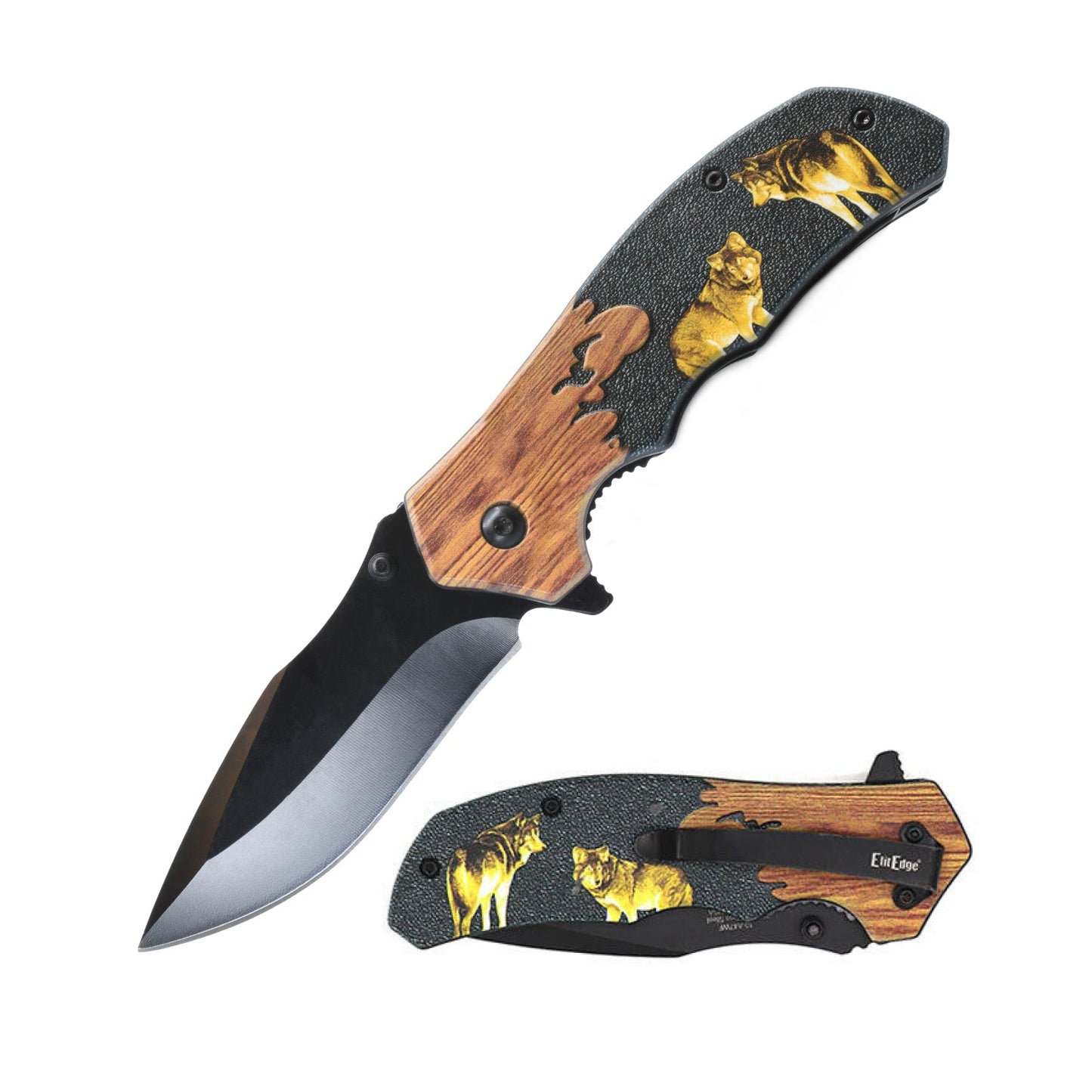 8-Inch Wildlife Folding Knife – classic spring-assisted folding knife featuring a 3.25" 420C stainless steel blade and wildlife-themed handle, designed for everyday carry and outdoor use, in white background.