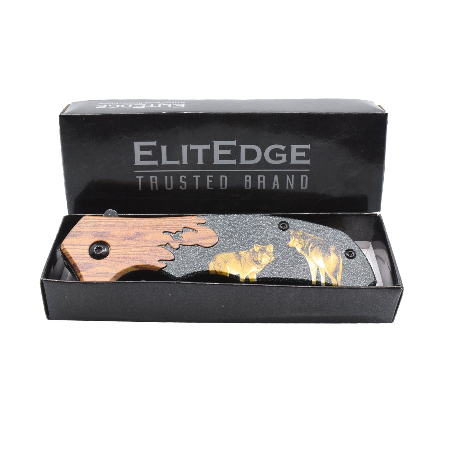 8-Inch Wildlife Folding Knife – classic spring-assisted folding knife featuring a 3.25" 420C stainless steel blade and wildlife-themed handle, designed for everyday carry and outdoor use, inside product box, in white background.