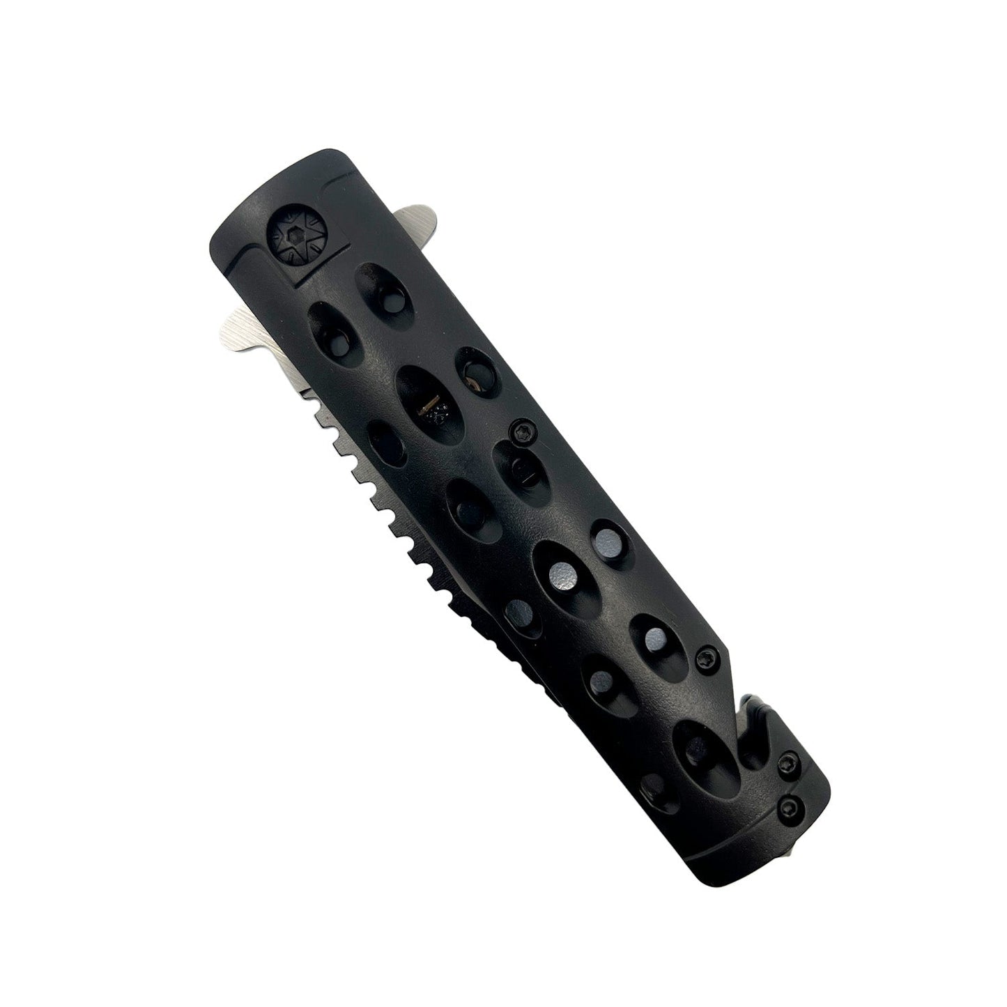 ABS Spring Assisted Rescue Knife – compact folding knife featuring a 3.5" stainless steel blade, spring-assisted opening, durable ABS handle with built-in seatbelt cutter and glass breaker, and a pocket clip for secure carry, in white background.