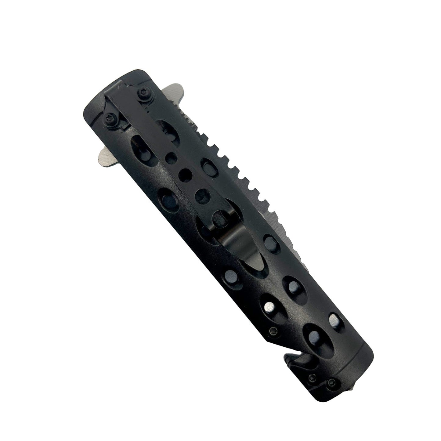 ABS Spring Assisted Rescue Knife – compact folding knife featuring a 3.5" stainless steel blade, spring-assisted opening, durable ABS handle with built-in seatbelt cutter and glass breaker, and a pocket clip for secure carry, in white background.