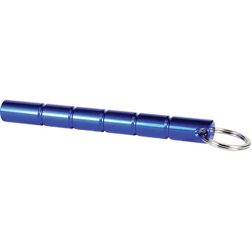 Close-up of 5.5" aircraft grade aluminum kubotan keychain placed on a white background.