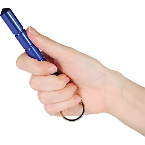Close-up of someone holding a 5.5" aircraft grade aluminum kubotan keychain placed on a white background.