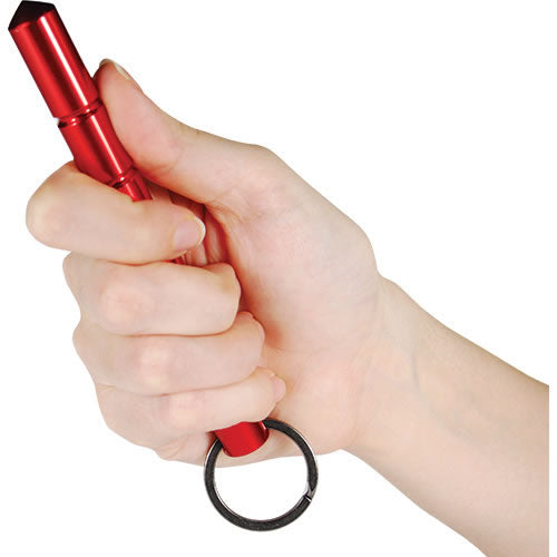 Close-up of someone holding a 5.5" aircraft grade aluminum kubotan keychain placed on a white background.