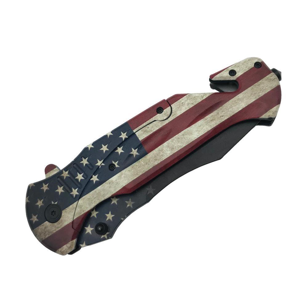 American Flag 10.5" Knife - large folding knife featuring an American flag design, combining bold style with everyday utility and self-defense capability, in white background.
