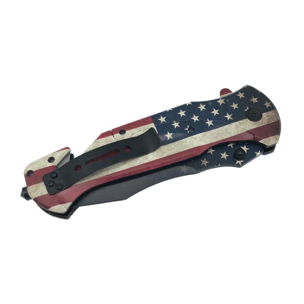 American Flag 10.5" Knife - large folding knife featuring an American flag design, combining bold style with everyday utility and self-defense capability, in white background.