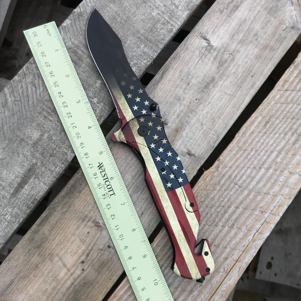 American Flag 10.5" Knife - large folding knife featuring an American flag design, combining bold style with everyday utility and self-defense capability.