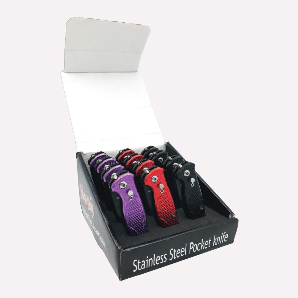 Assorted 12-Piece Stainless Steel Folding Knives neatly arranged in a display case on white background.