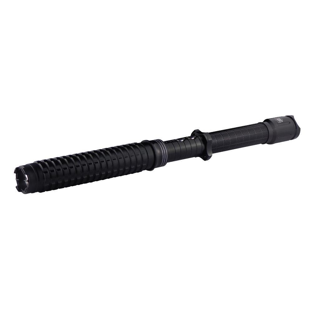 Attitude Adjuster 30,000,000 stun baton flashlight with textured grip and built-in LED light on white background.