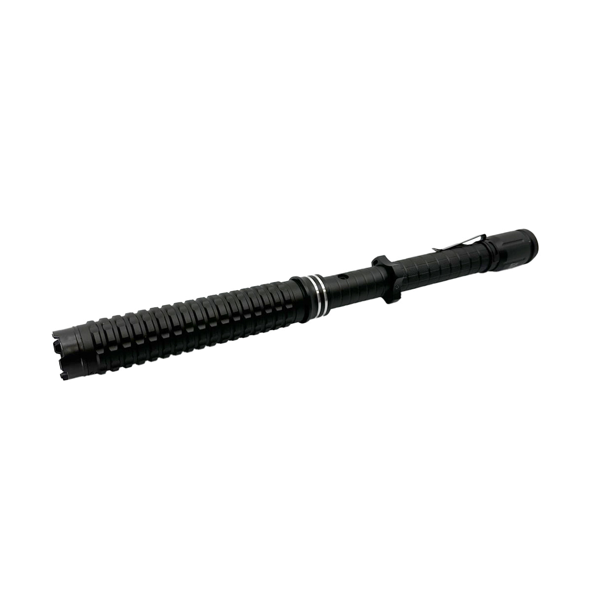 Attitude Adjuster 30,000,000 stun baton flashlight with textured grip and built-in LED light on white background.