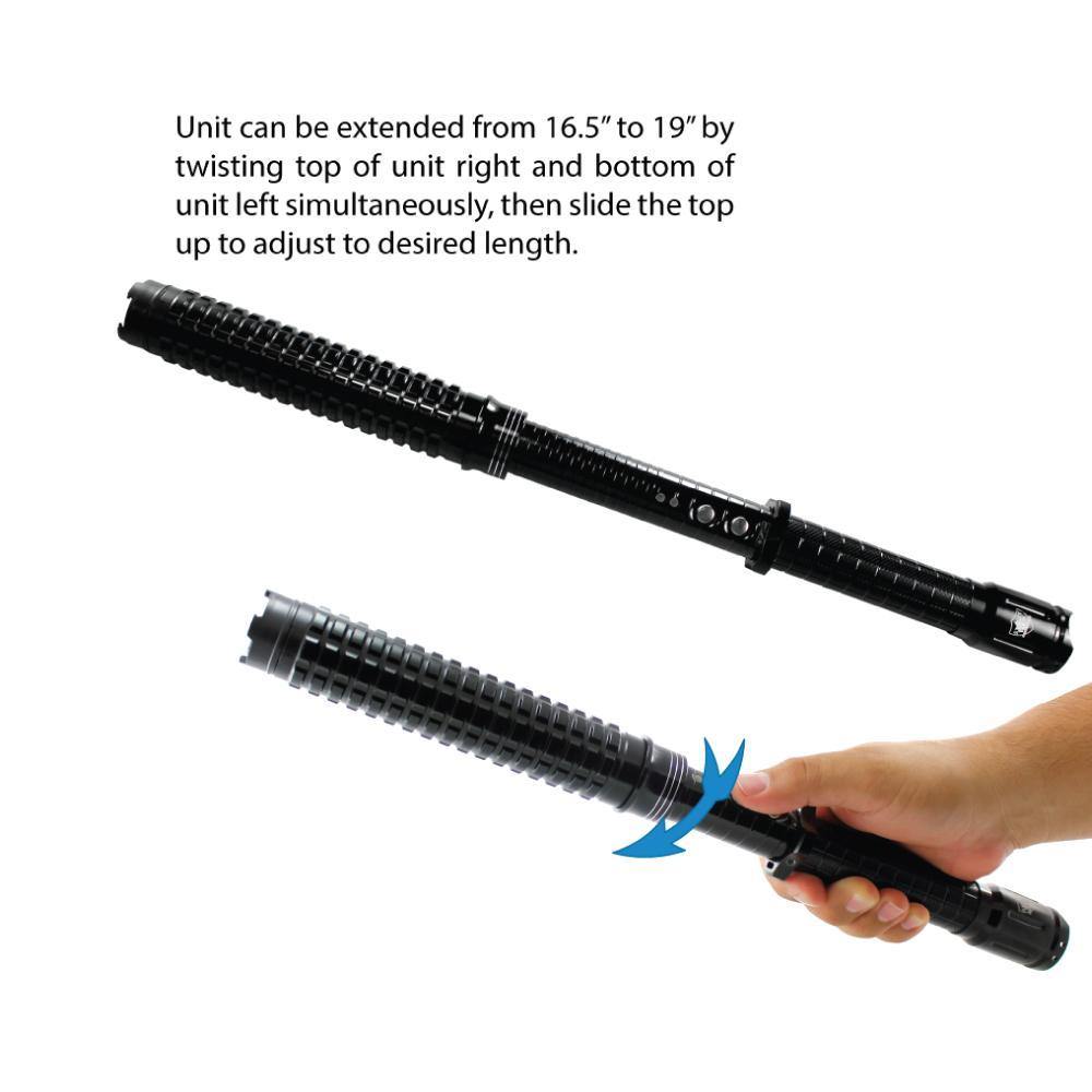 Attitude Adjuster 30,000,000 stun baton flashlight with textured grip and built-in LED light on white background.