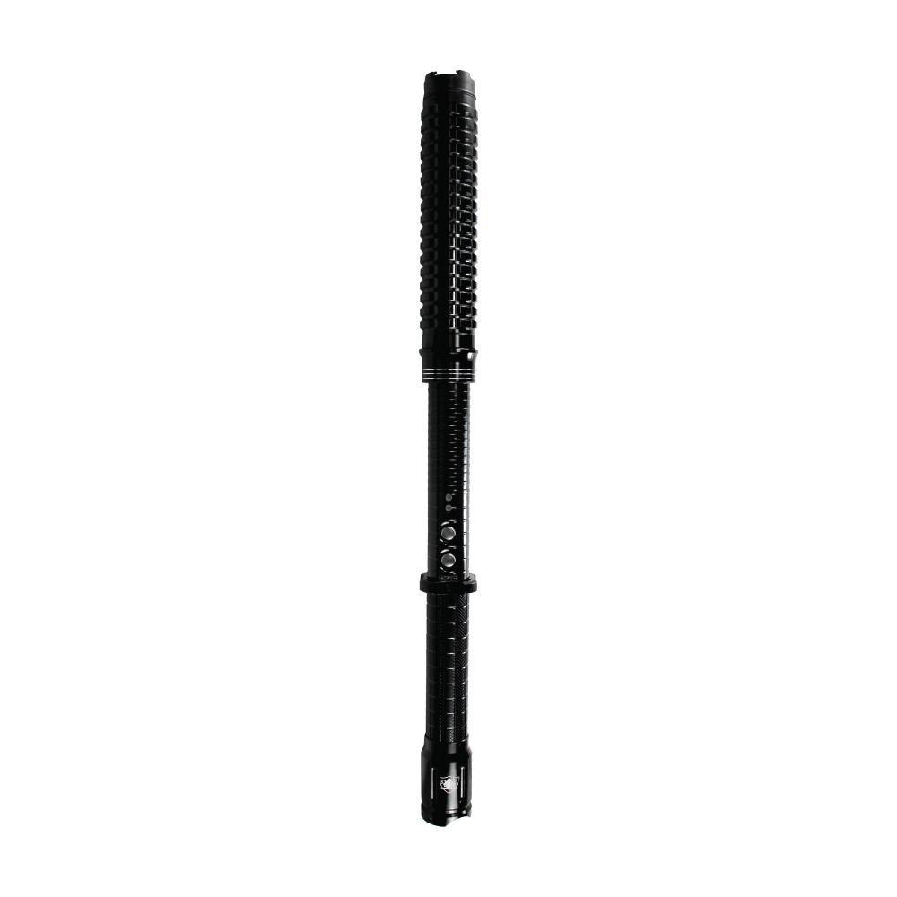 Attitude Adjuster 30,000,000 stun baton flashlight with textured grip and built-in LED light on white background.