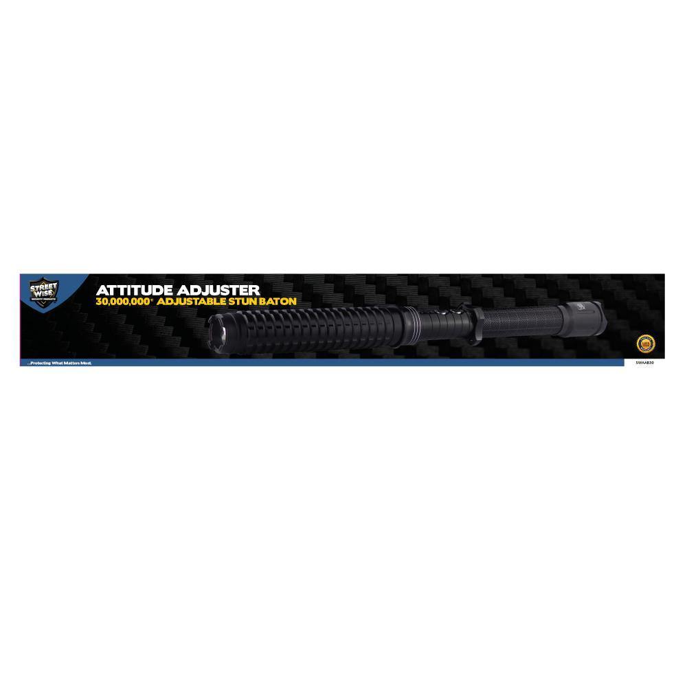 Attitude Adjuster 30,000,000 stun baton flashlight with textured grip and built-in LED light on white background.