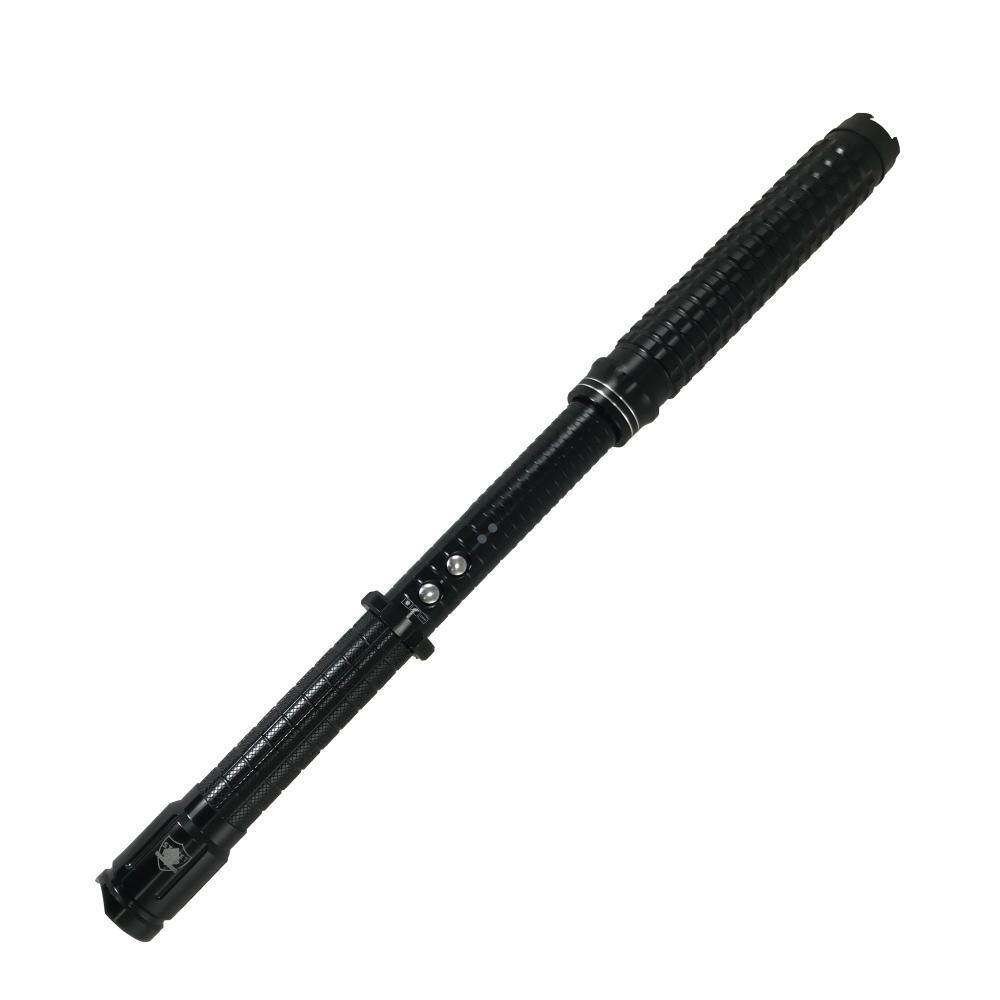 Attitude Adjuster 30,000,000 stun baton flashlight with textured grip and built-in LED light on white background.