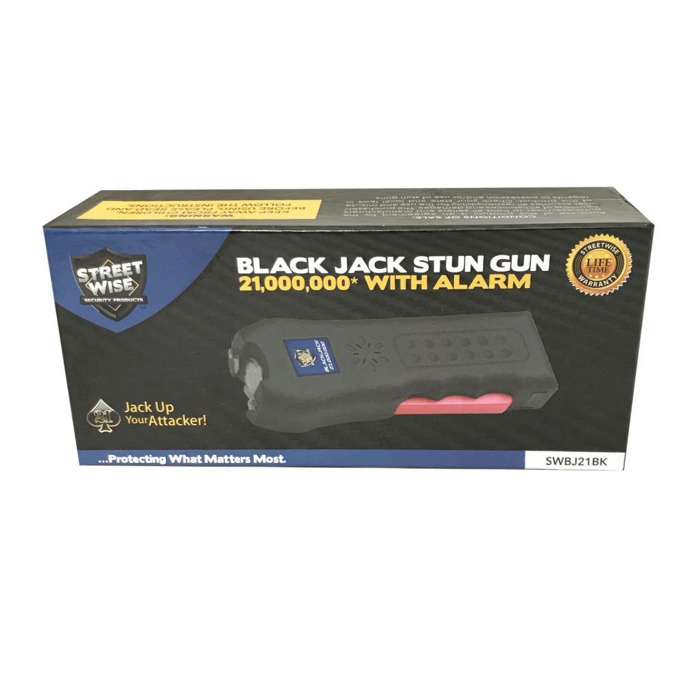 Product box of Black Jack 21,000,000 Stun Gun - powerful and compact self-defense tool with an ergonomic grip, designed for quick access and reliable stopping power, in white background.