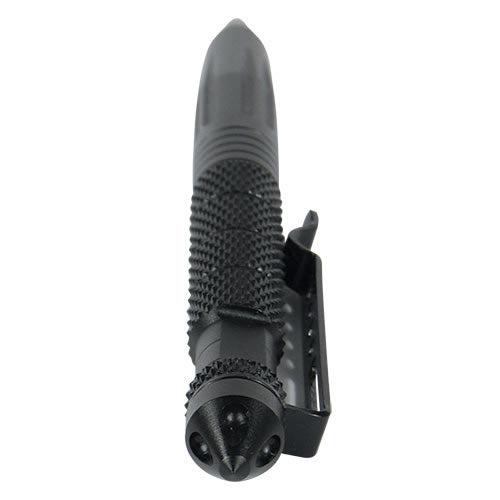 Close-up of black tactical pen placed on a white background.