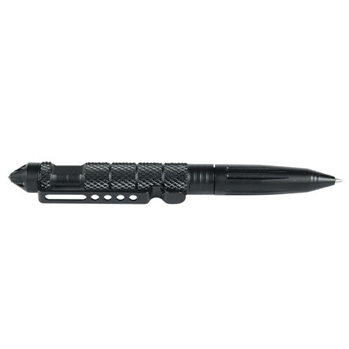 Close-up of a black tactical pen placed on a white background.