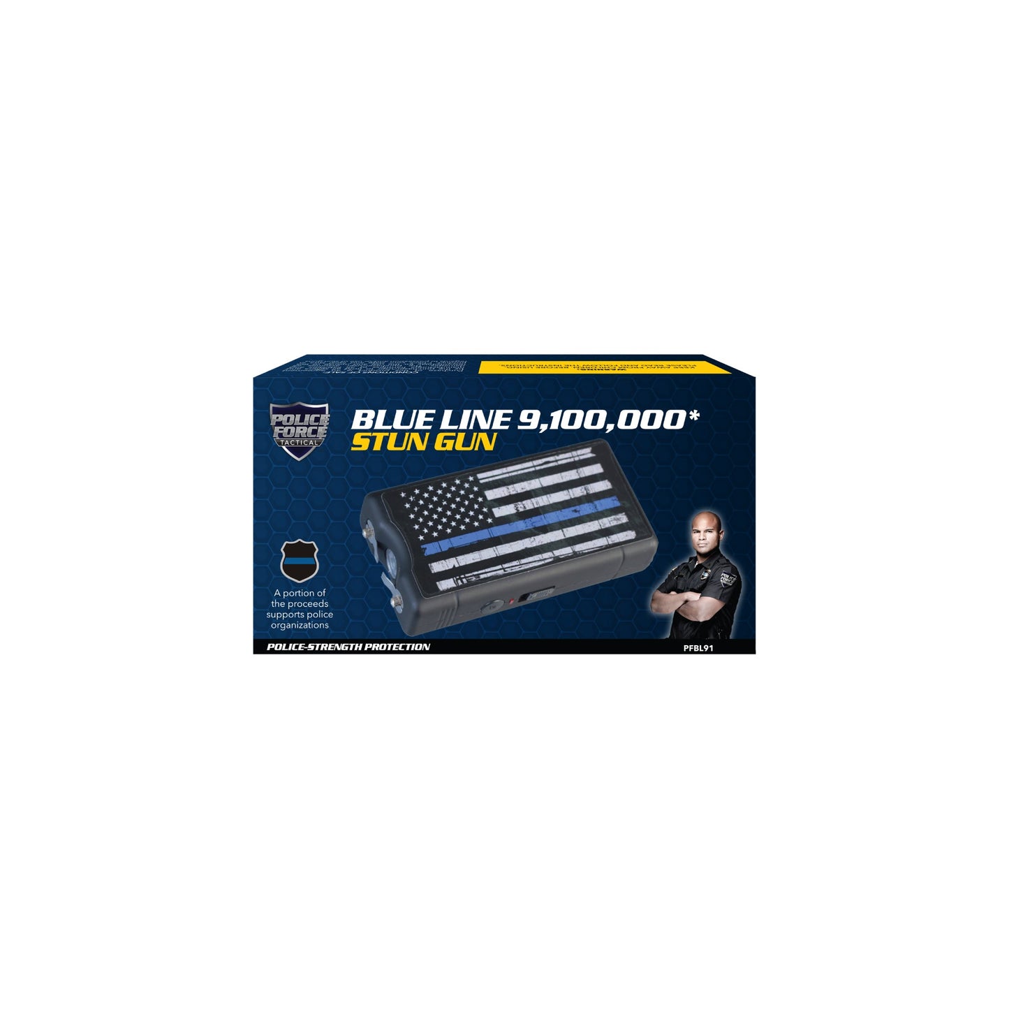 Blue Line 9,000,000 Stun Gun - compact and reliable self-defense tool featuring a high-voltage charge and a design honoring law enforcement support, in white background.