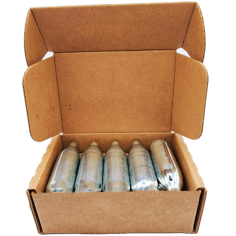 Byrna® 10‑Count Pack of 8 g CO₂ Cartridges plus Oiler Cartridge – includes nine standard 8 g CO₂ cylinders and one CO₂ cylinder pre-filled with oil for maintenance every 10 cartridges, compatible with Byrna CL/SD/EP/HD launchers; each cartridge delivers 15–20 shots, inside box, in white background.