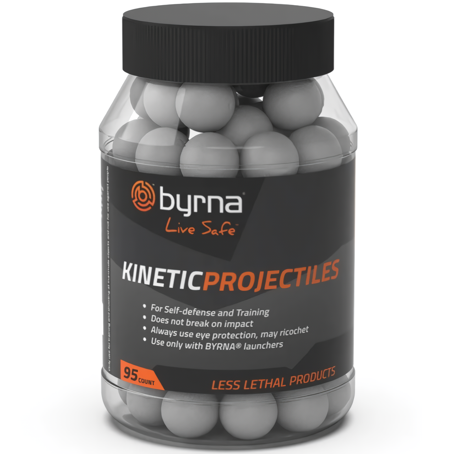 Bottle of Byrna® Kinetic Projectiles (95‑count) – hard solid plastic .68 cal projectiles that remain intact on impact, deliver strong pain compliance (capable of breaking vehicle glass), and serve both self-defense and training purposes without active ingredients, in white background.