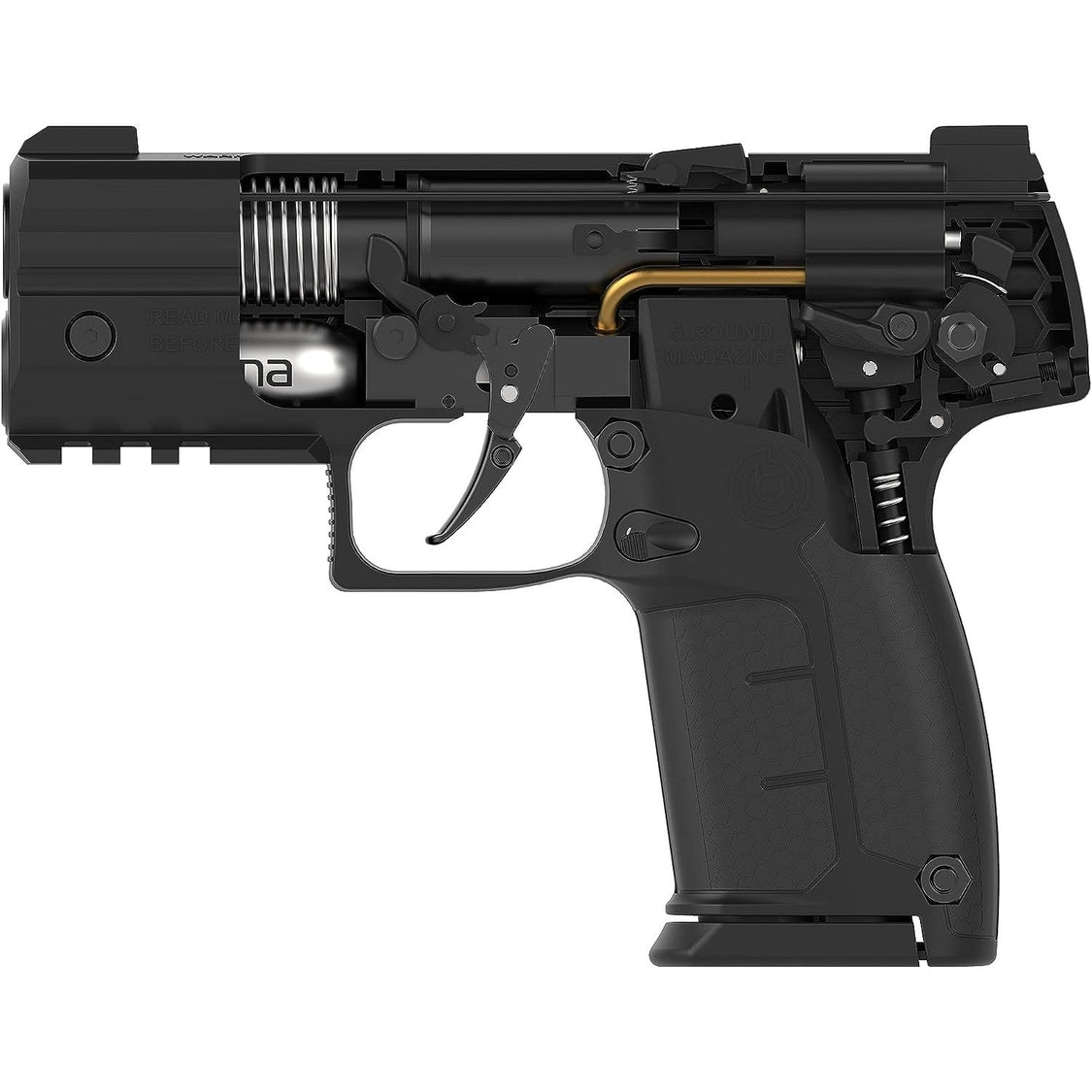 Byrna SD Kinetic Non‑Lethal CA‑Legal Projectile Gun Bundle – CO₂‑powered .68 caliber launcher kit including two 5‑round magazines, two 8 g CO₂ cylinders, tubes of kinetic, eco‑kinetic, and training rounds, plus a carrying case; delivers effective non‑lethal defense out to 60 ft, ambidextrous safety, Picatinny rail, and honeycomb grip, in white background.
