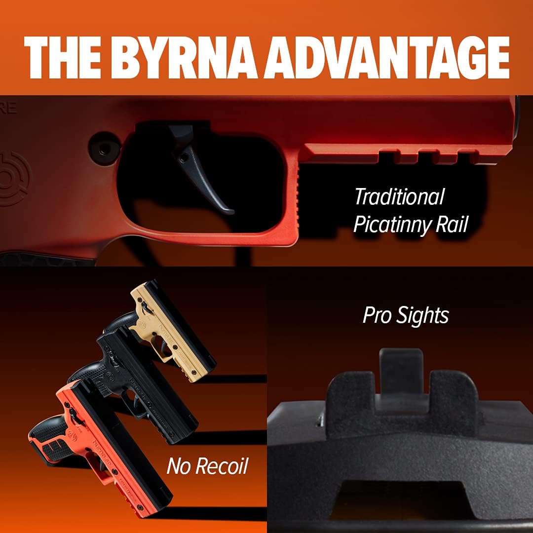Features of Byrna SD Kinetic Non‑Lethal CA‑Legal Projectile Gun Bundle – CO₂‑powered .68 caliber launcher kit including two 5‑round magazines, two 8 g CO₂ cylinders, tubes of kinetic, eco‑kinetic, and training rounds, plus a carrying case; delivers effective non‑lethal defense out to 60 ft, ambidextrous safety, Picatinny rail, and honeycomb grip.