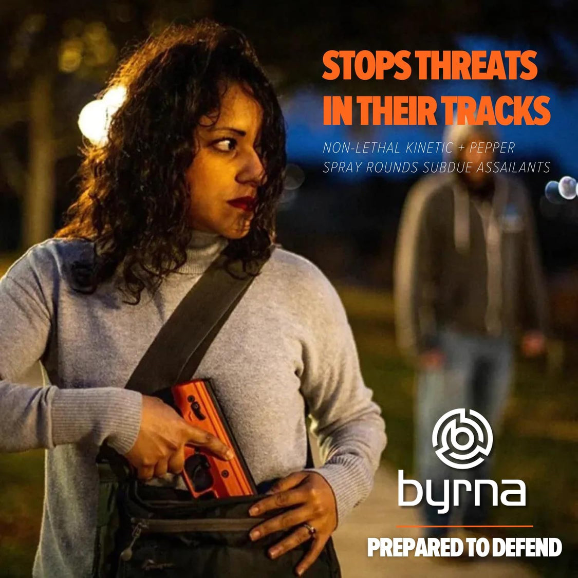 Women preparing to defend herself with Byrna SD Kinetic Non‑Lethal CA‑Legal Projectile Gun Bundle – CO₂‑powered .68 caliber launcher kit including two 5‑round magazines, two 8 g CO₂ cylinders, tubes of kinetic, eco‑kinetic, and training rounds, plus a carrying case; delivers effective non‑lethal defense out to 60 ft, ambidextrous safety, Picatinny rail, and honeycomb grip.