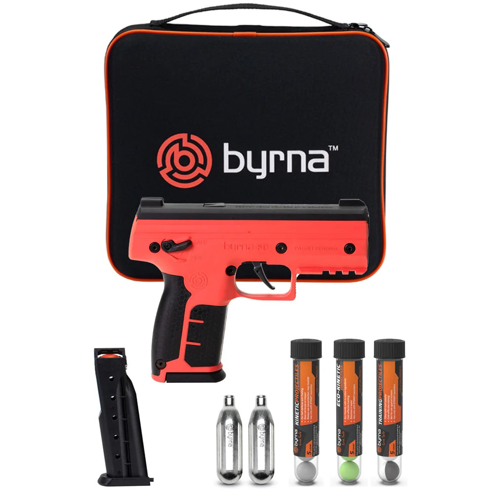 Byrna SD Kinetic Non‑Lethal CA‑Legal Projectile Gun Bundle – CO₂‑powered .68 caliber launcher kit including two 5‑round magazines, two 8 g CO₂ cylinders, tubes of kinetic, eco‑kinetic, and training rounds, plus a carrying case; delivers effective non‑lethal defense out to 60 ft, ambidextrous safety, Picatinny rail, and honeycomb grip, in white background.